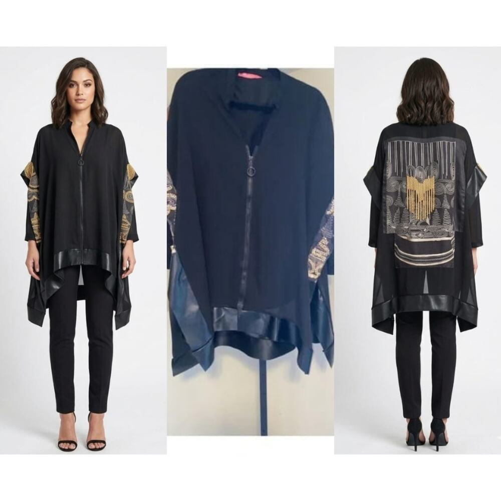 D Square Black & Gold Blouse - Satin Details, Zipper Front - Picture 1 of 11